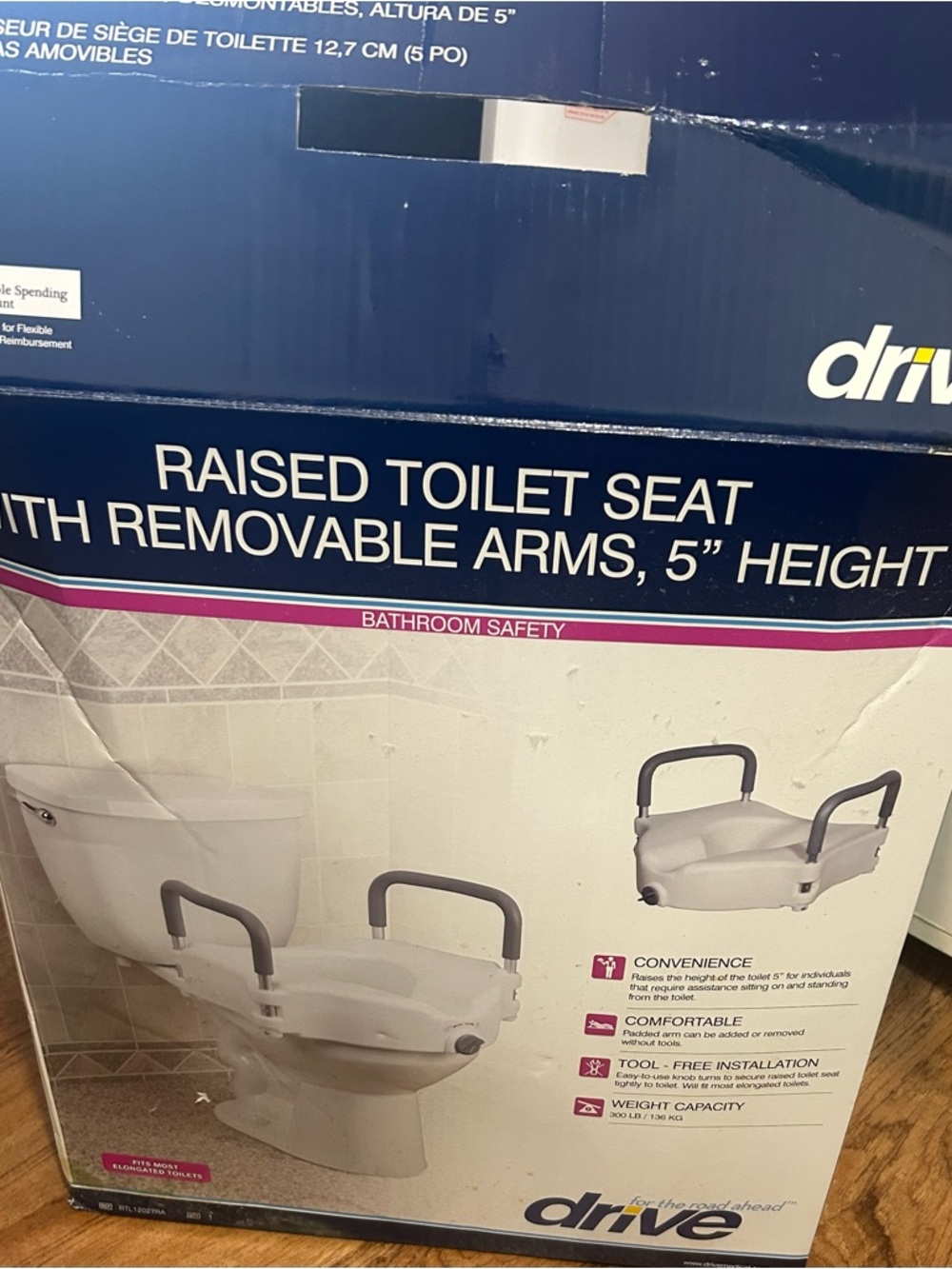 Drive Raised Toilet Seat with Removable Arms — White with Gray Arms